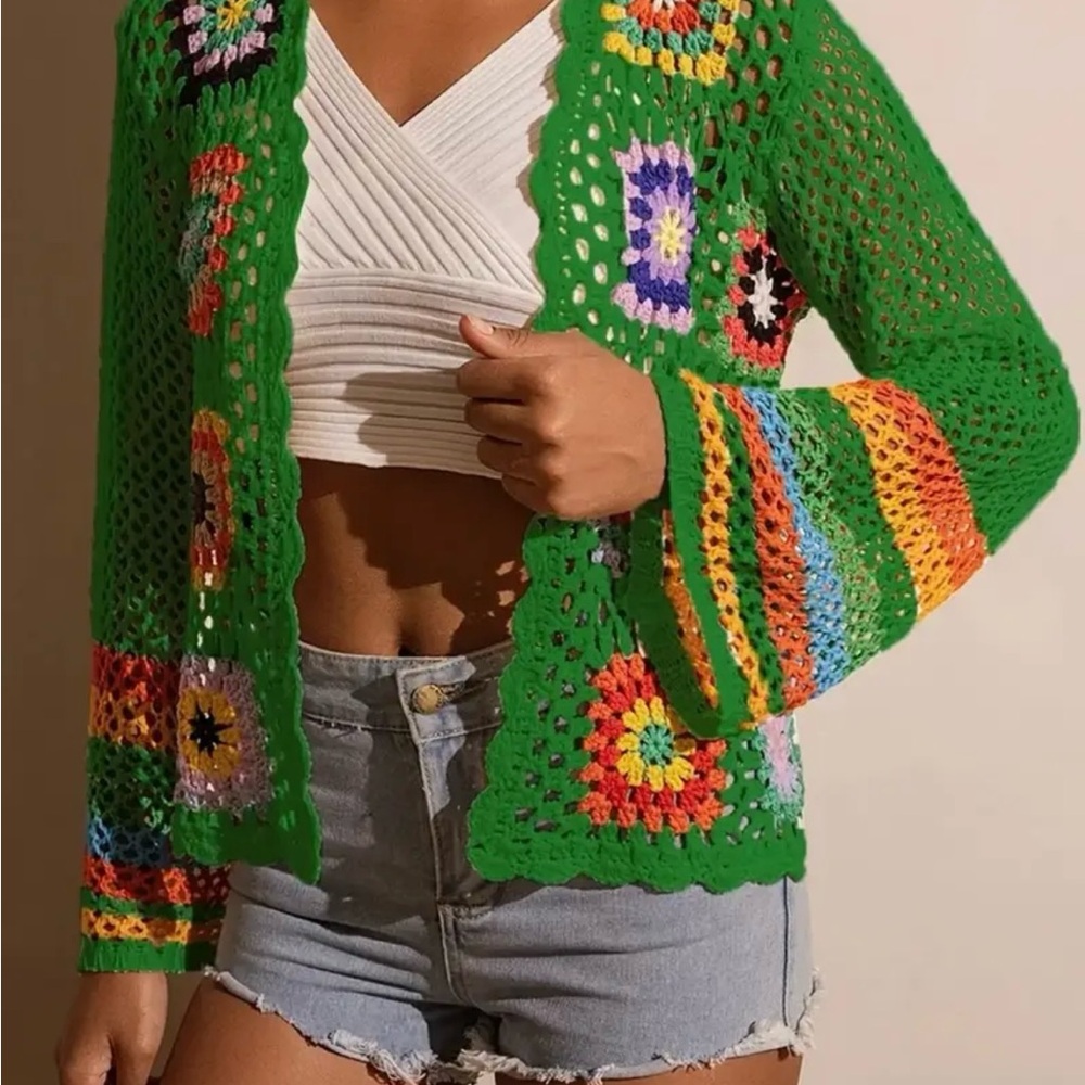 Colorful Crochet Open-Front Sweater